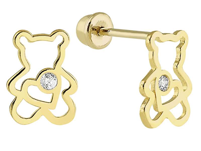 OroTrue 14K Yellow Gold Bear Heart Silhouette With CZ Screw Back Earrings