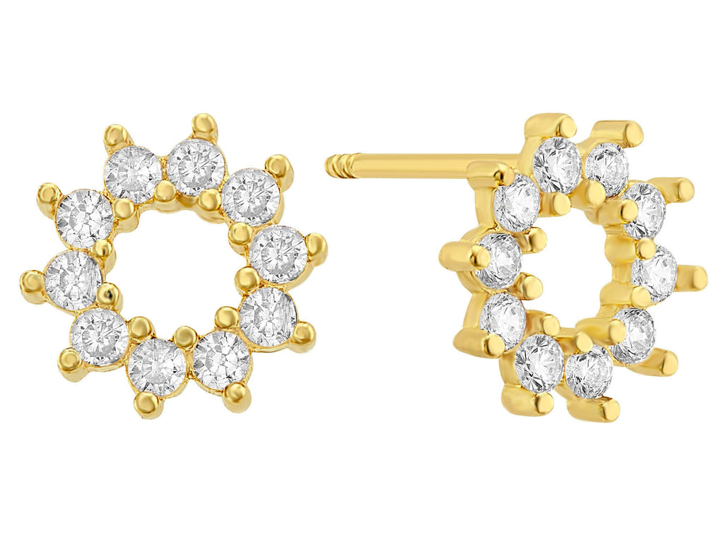 14K Yellow Gold Circle Pave Nails Clear CZ Screw Back Stud Earrings