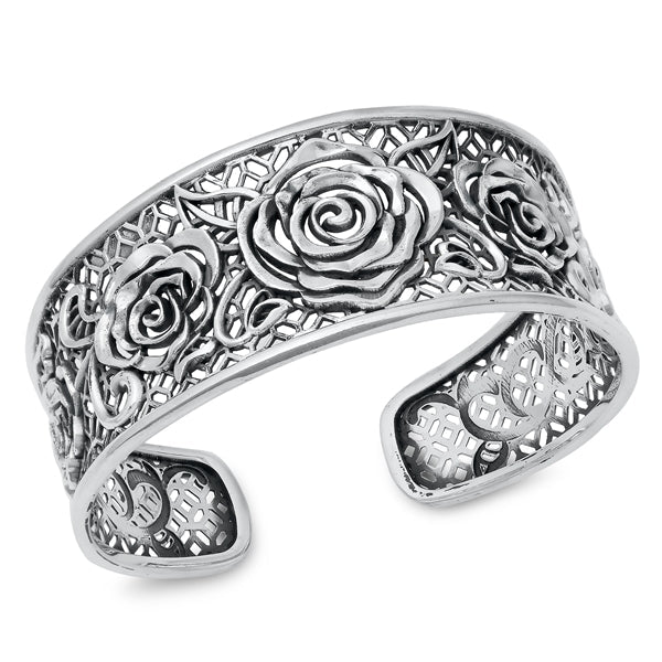 Sterling Silver Oxidized Rose Bangle Bracelet Thickness-25.3mm, Inside Diameter-55x58mm