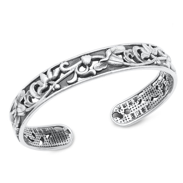Sterling Silver Oxidized Flowers Bangle Bracelet Thickness-11.2mm, Inside Diameter-50x60mm