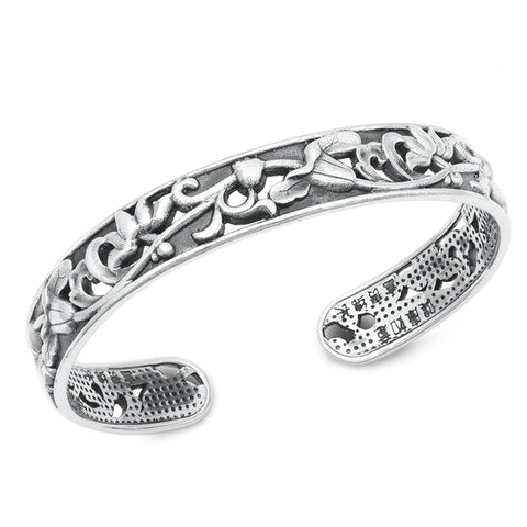 Sterling Silver Oxidized Flowers Bangle Bracelet Thickness-11.2mm, Inside Diameter-50x60mm