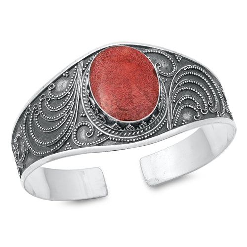 Sterling Silver Oxidized Oval Red Carnelian Bangle Bracelet Thickness-31mm, Inside Diameter-45x55mm