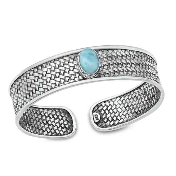 Sterling Silver Oxidized Oval Genuine Larimar Bangle Bracelet Thickness-14mm, Inside Diameter-43x50mm