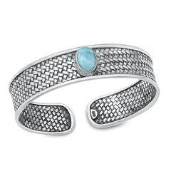 Sterling Silver Oxidized Oval Genuine Larimar Bangle Bracelet Thickness-14mm, Inside Diameter-43x50mm
