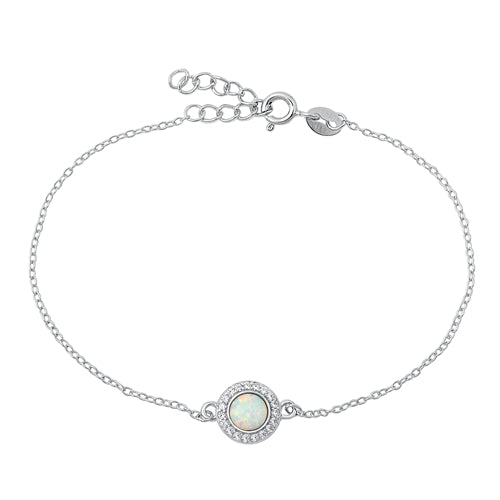 Sterling Silver Rhodium Plated White Lab Opal and Clear CZ Bracelet-6.5+ 1 inch extension