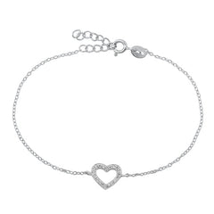 Sterling Silver Rhodium Plated Heart Clear CZ Bracelet-6.5 + 1 inch extension