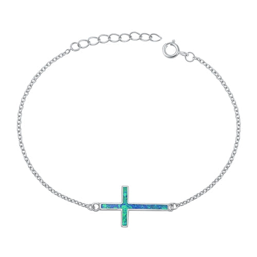 Sterling Silver Rhodium Plated Blue Lab Opal Cross Assorted Bracelet