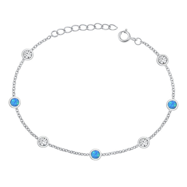 Sterling Silver Rhodium Plated Rounds Clear CZ And Blue Lab Opal Bracelet Length-6.5+1inch, Charm Height-3.8mm