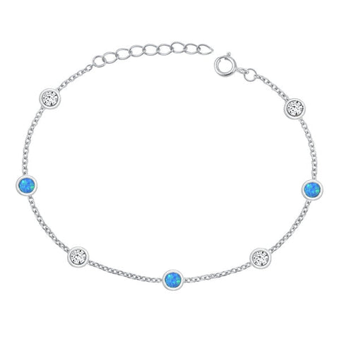 Sterling Silver Rhodium Plated Rounds Clear CZ And Blue Lab Opal Bracelet Length-6.5+1inch, Charm Height-3.8mm