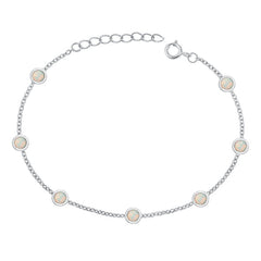 Sterling Silver Rhodium Plated Rounds White Lab Opal Bracelet Length-6.5+1inch, Charm Height-3.8mm