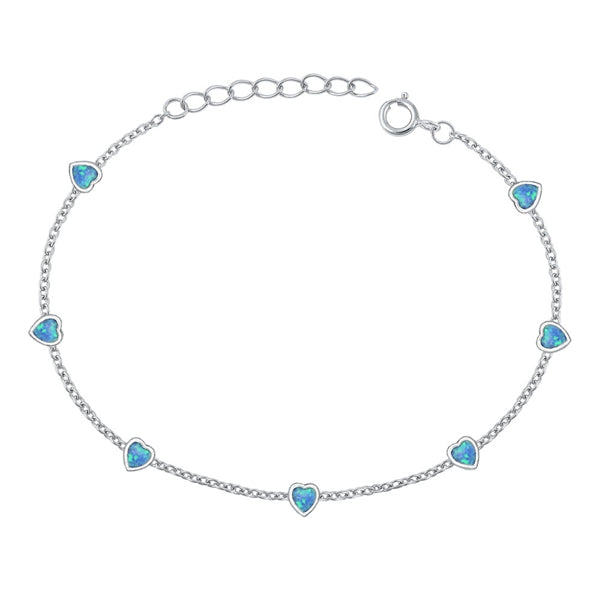Sterling Silver Rhodium Plated Hearts Blue Lab Opal Bracelet Length-6.5+1inch