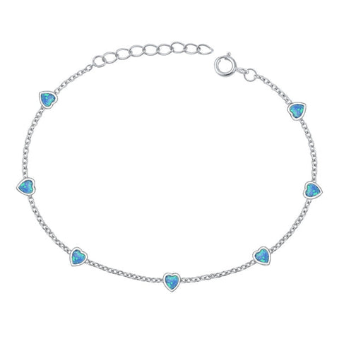 Sterling Silver Rhodium Plated Hearts Blue Lab Opal Bracelet Length-6.5+1inch