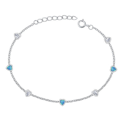 Sterling Silver Rhodium Plated Hearts Clear CZ And Blue Lab Opal Bracelet Length-6.5+1inch