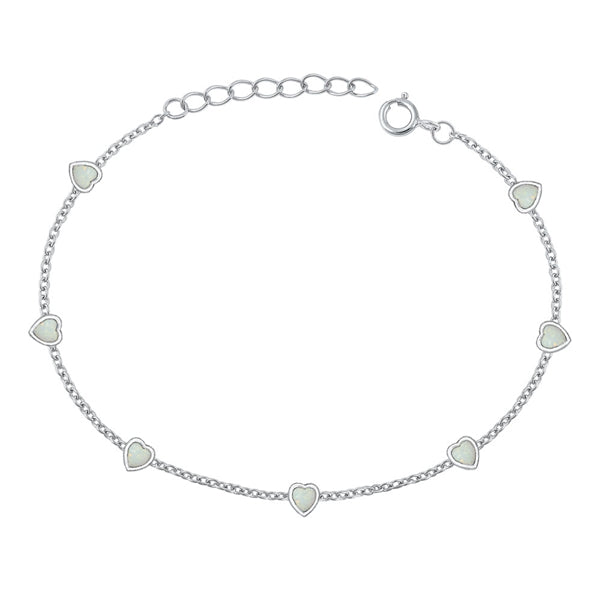 Sterling Silver Rhodium Plated Hearts White Lab Opal Bracelet Length-6.5+1inch