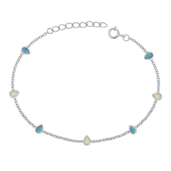 Sterling Silver Rhodium Plated Pear Clear CZ, Blue And White Lab Opal Bracelet Length-6.5+1inch