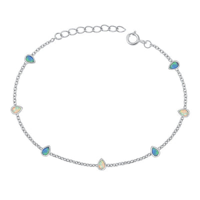 Sterling Silver Rhodium Plated Pear Clear CZ, Blue And White Lab Opal Bracelet Length-6.5+1inch