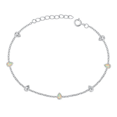 Sterling Silver Rhodium Plated Pear Clear CZ And White Lab Opal Bracelet Length-6.5+1inch