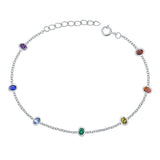 Sterling Silver Rhodium Plated Oval Multi Colored CZS Bracelet Length-7+1inch