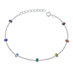 Sterling Silver Rhodium Plated Oval Multi Colored CZS Bracelet Length-7+1inch