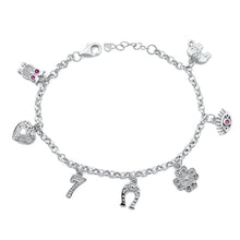 Load image into Gallery viewer, Sterling Silver Rhodium Plated Lucky Charms Ruby CZ Bracelet Length-6.5+1inches, Chain Thickness-2.5mm, Charm Height-9mm