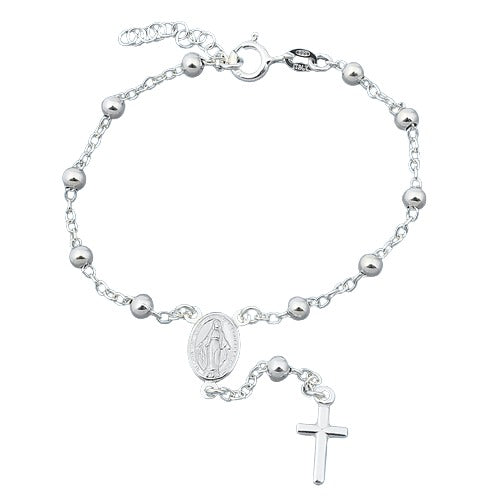 Sterling Silver Rosary Bracelet-7+1 Inches Extension,Beads-4mm