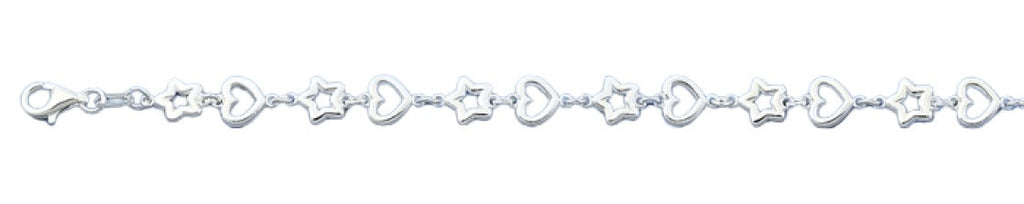 Sterling Silver Polished Hearts And Stars Italian Bracelet Length-7+1inch, Thickness-7.2mm