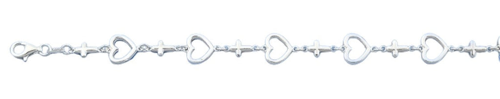 Sterling Silver Polished Hearts And Crosses Italian Bracelet Length-7+1inch, Thickness-9.7mm