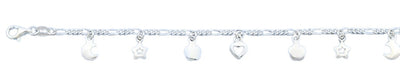 Sterling Silver Polished Heart, Moon, Star Italian Bracelet Length-7+1inch, Chain Thickness-2mm, Charm Height-6.6mm
