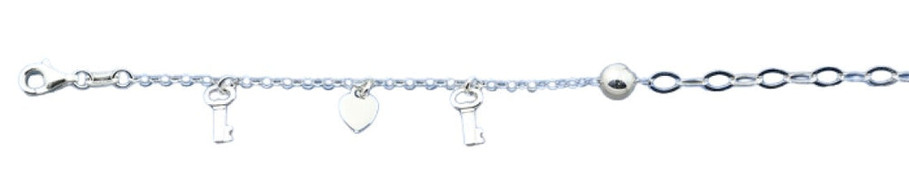 Sterling Silver Polished Key And Heart Italian Bracelet Length-7+1inch