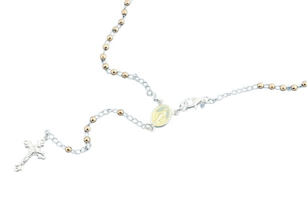 Sterling Silver Rose Gold Rosary Diamond Cut Bead Necklace