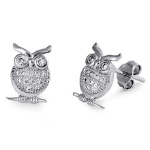 Load image into Gallery viewer, Sterling Silver Clear Cz Owl Push-back Stud Earrings with Earring Face Height of 11MM