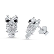 Load image into Gallery viewer, Sterling Silver Owl Shape With Black And CZ EarringsAnd Face Height 11 mm
