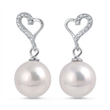 Load image into Gallery viewer, Sterling Silver Fancy Clear Cz Heart Simulated Pearl Earrings with Earring Face Height of 9MM