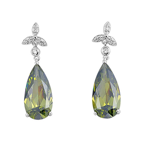 Sterling Silver Olive And Clear Pear Shaped CZ EarringsAnd Face Height 35 mm