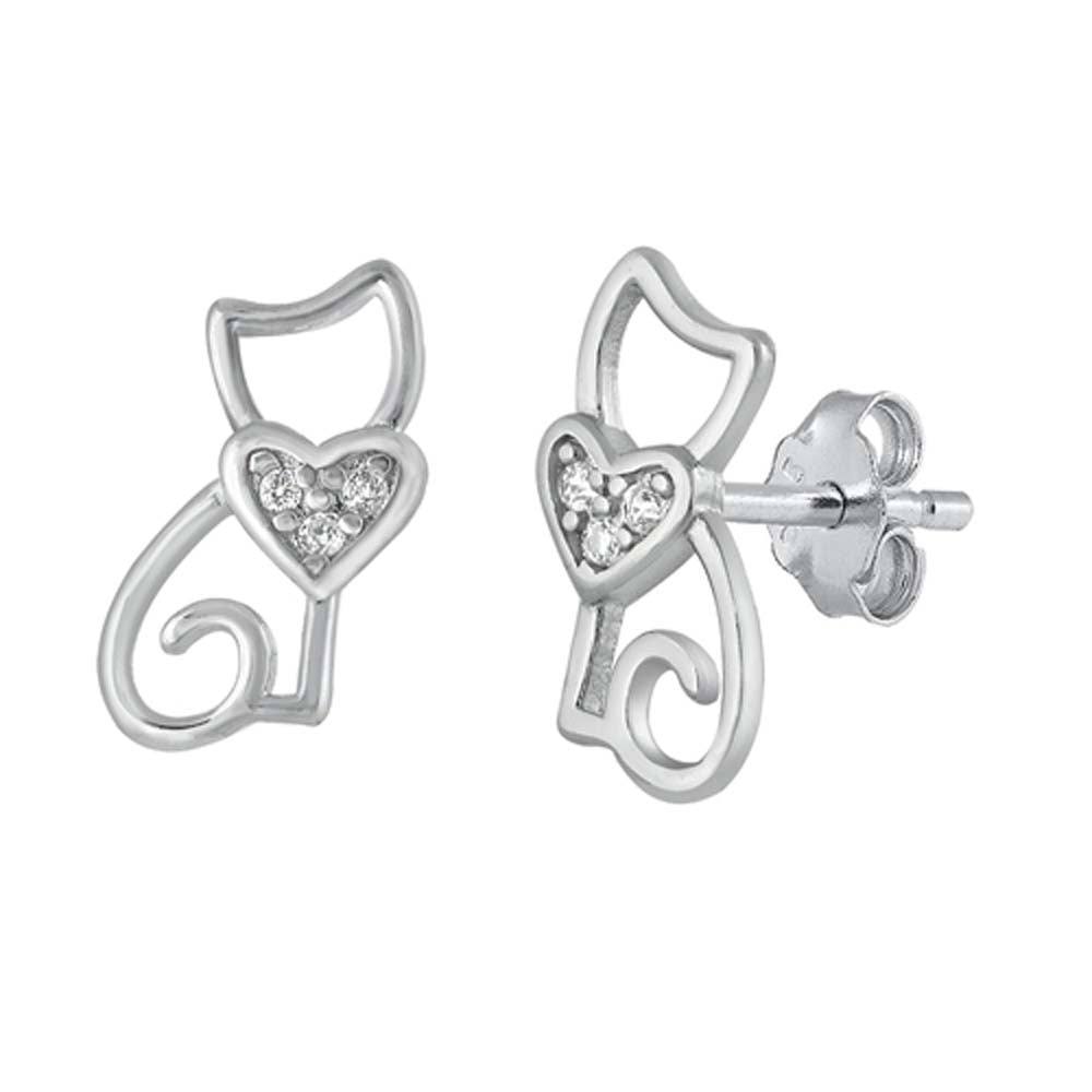 Sterling Silver Rhodium Plated CZ Cat Small Stud Earrings
