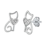Sterling Silver Rhodium Plated CZ Cat Small Stud Earrings