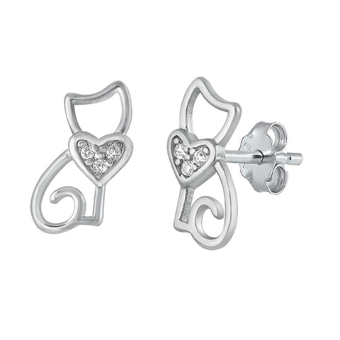 Sterling Silver Rhodium Plated CZ Cat Small Stud Earrings
