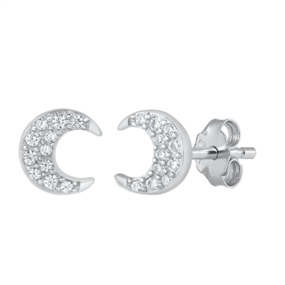Sterling Silver Rhodium Plated Crescent Moon CZ Earrings - silverdepot