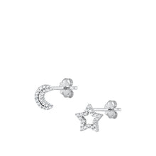 Load image into Gallery viewer, Sterling Silver Rhodium Plated Star And Moon Clear CZ Stud Earrings