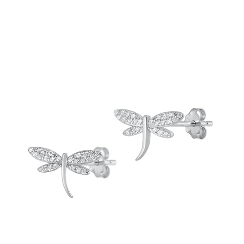 Sterling Silver Rhodium Plated Dragonfly Clear CZ Earrings