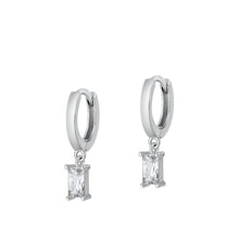 Load image into Gallery viewer, Sterling Silver Rhodium Plated Hoop With Rectangular Charm Clear CZ Earrings