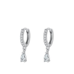 Sterling Silver Rhodium Plated Hoop With Charm Clear CZ Earrings-6.2mm