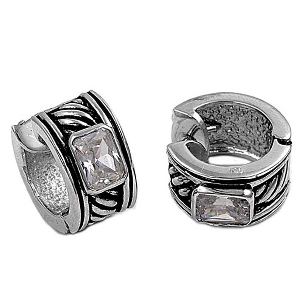 Sterling Silver Vintage Style Huggie Hoop Earring with Emerald Cut Clear Cz on CenterAnd Earring Height of 16MM and Thickness of 9MM