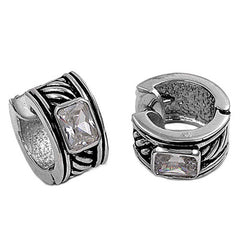 Sterling Silver Vintage Style Huggie Hoop Earring with Emerald Cut Clear Cz on CenterAnd Earring Height of 16MM and Thickness of 9MM