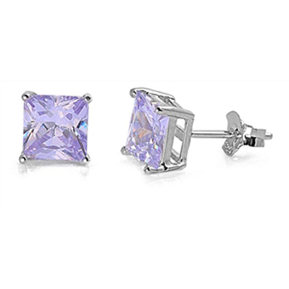 Sterling Silver Rhodium Plated 8mm Princess Cut Cz Stud Earring Set on Basket Prong Setting with Friction Back Post-8mm
