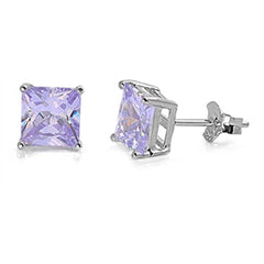 Sterling Silver Rhodium Plated 4mm Princess Cut Cz Stud Earring Set on Basket Prong Setting with Friction Back Post