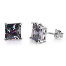 Load image into Gallery viewer, Sterling Silver Rhodium Plated 7mm Princess Cut Cz Stud Earring Set on Basket Prong Setting with Friction Back Post
