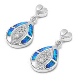 Sterling Silver Oval Shape With Blue Lab Opal Earrings With CZ StonesAnd Earring Height 21mm