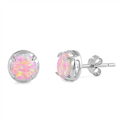 Sterling Silver Round Shape with Pink Lab Opal Earrings, Earring Height 7mm
