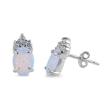 Load image into Gallery viewer, Sterling Silver Oval Shape With White Lab Opal Earrings With CZ StonesAnd Earring Height 12mm